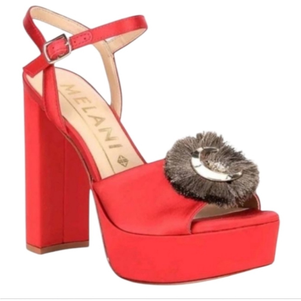 ANTONIO MELANI HELENA SATIN CELESTIAL FRINGE SLING BACK PLATFORM HEELS 6.5